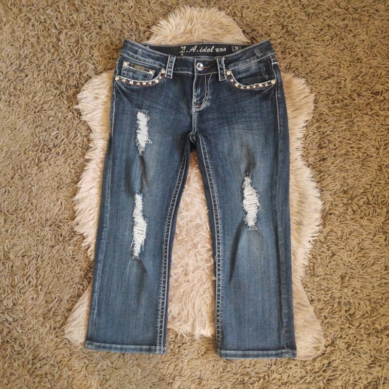 LA Idol Sz 9 Women&#39;s Rhinestone Low Rise Stretchy Crop Capris Jeans Pants
