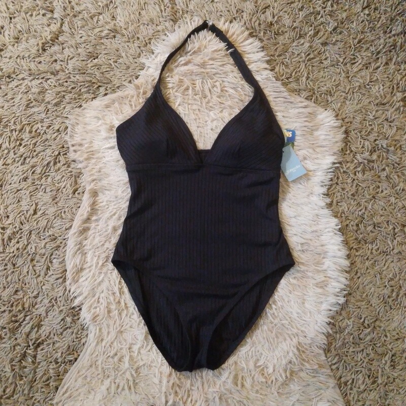NEW! St. John&#39;s Bay Medium Women&#39;s Black Rib Halter One-Piece Swimsuit Bathing Suit