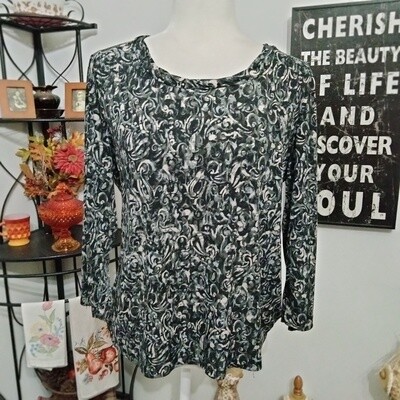 Chico&#39;s Sz 8 Medium Women&#39;s Black Print 3/4 Sleeve Stretchy Blouse