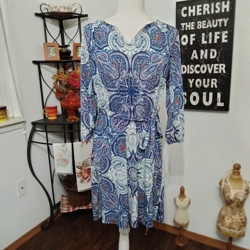 AUW Sz 10 Medium Women&#39;s Blue Floral Paisley 3/4 Sleeve Stretchy Dress