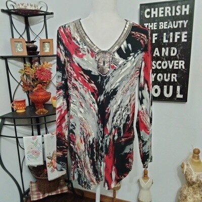 Dana Buchman Medium Women&#39;s Beaded V-Neck Stretchy 3/4 Sleeve Tunic Blouse