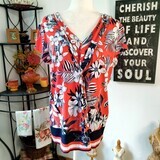 Roz &amp; Ali Large Women&#39;s Red &amp; Blue Floral Short Sleeve Stretchy Blouse