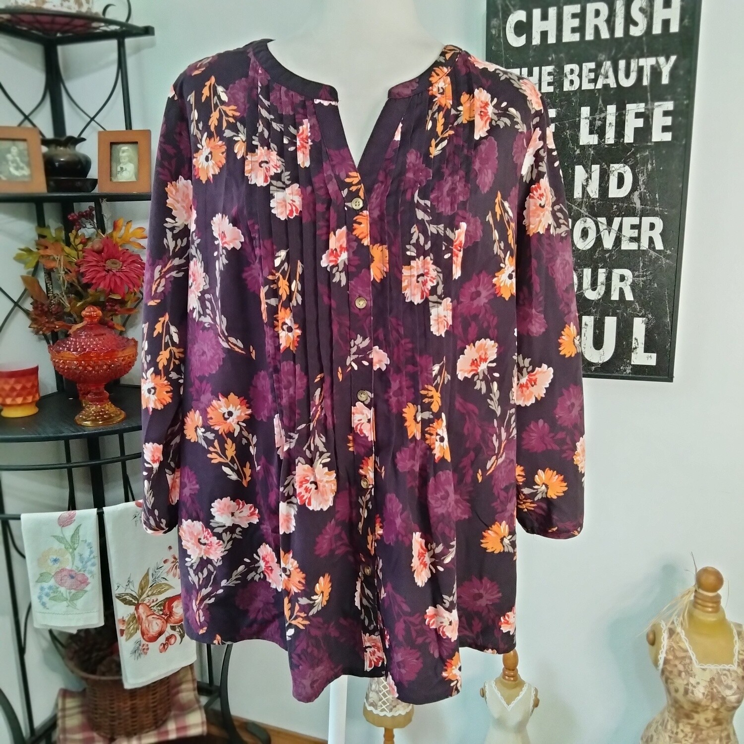Croft &amp; Barrow XL Women&#39;s Purple Floral 3/4 Sleeve Button-Up Blouse
