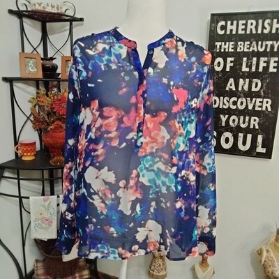 a.n.a. Large Women&#39;s Watercolor Half Button V-Neck Sheer Long Sleeve Blouse