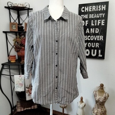 Worthington 1X Women&#39;s Cotton White &amp; Black Button-Up Plus Size Blouse