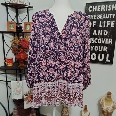 Knox Rose Medium Women&#39;s Rayon Black &amp; Pink Floral Boho 3/4 Sleeve Blouse