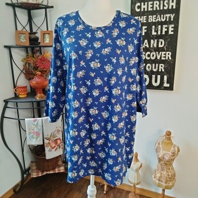 Woman Within 1X 18/20 Women&#39;s Cotton Blue Floral 3/4 Sleeve Knit Tunic Shirt