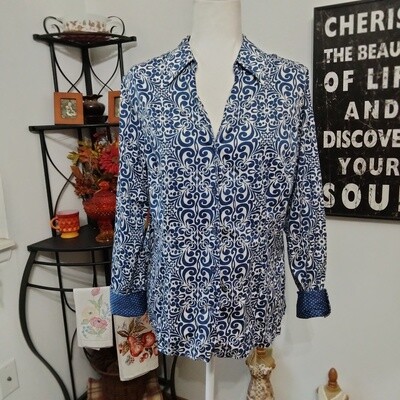Charter Club XL 16 Women&#39;s Cotton Blue &amp; White Button-Up Blouse