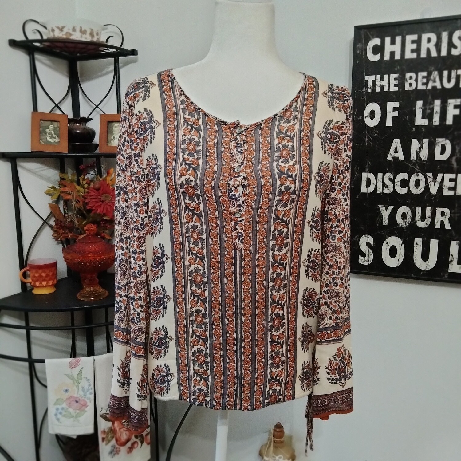 Lucky Brand Small Women&#39;s Rayon Boho Floral Lightweight Blouse
