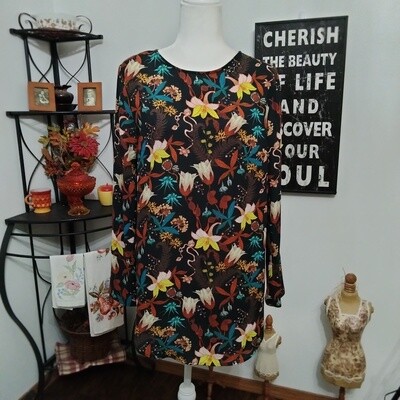 H&amp;M Sz 12 Large Women&#39;s Black Floral Long Sleeve Lightweight Tunic Blouse