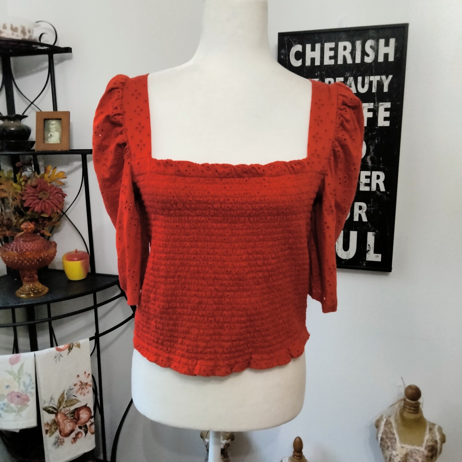 NEW! Loft Medium Women&#39;s Red Puff Sleeve Smocked Blouse