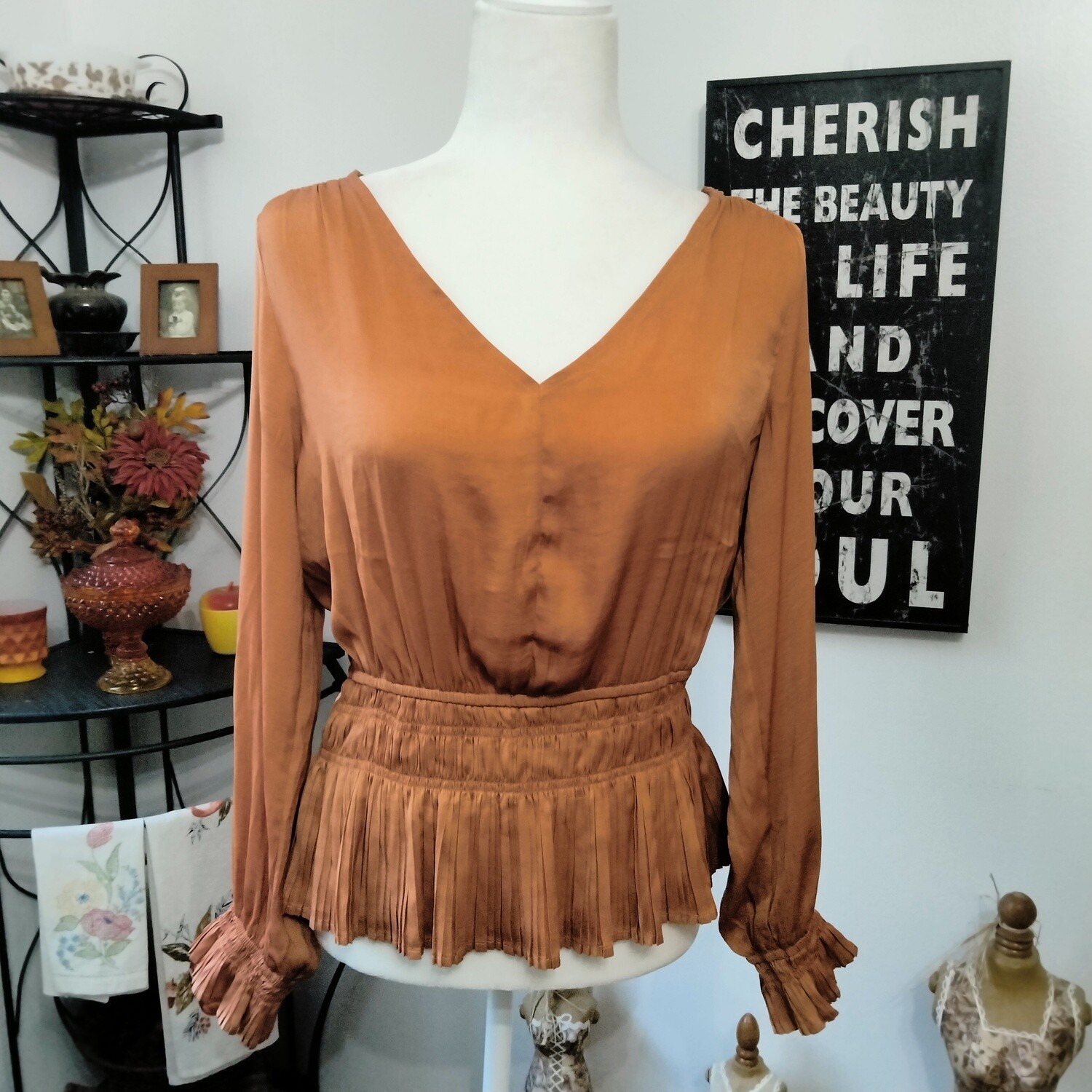 Philosophy Medium Women&#39;s Boho Rust V-Neck Long Sleeve Blouse