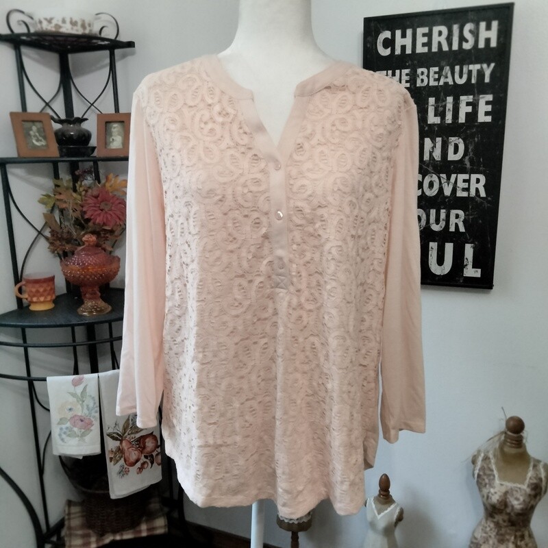 DB Est 1962 XL Women&#39;s Light Pink Lace Front Half Button Stretchy Blouse