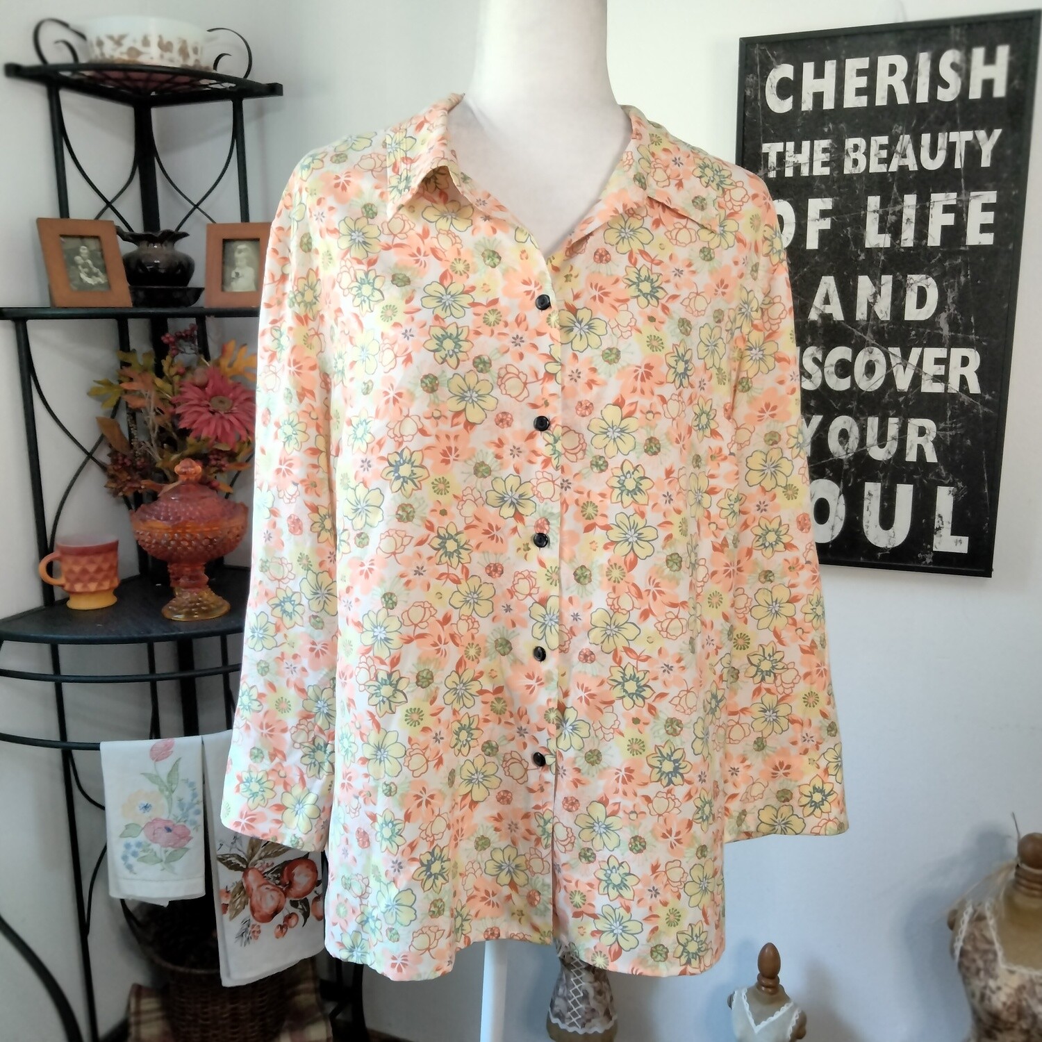 Sag Harbor XL Women&#39;s Silk Floral 3/4 Sleeve Button-Up Blouse