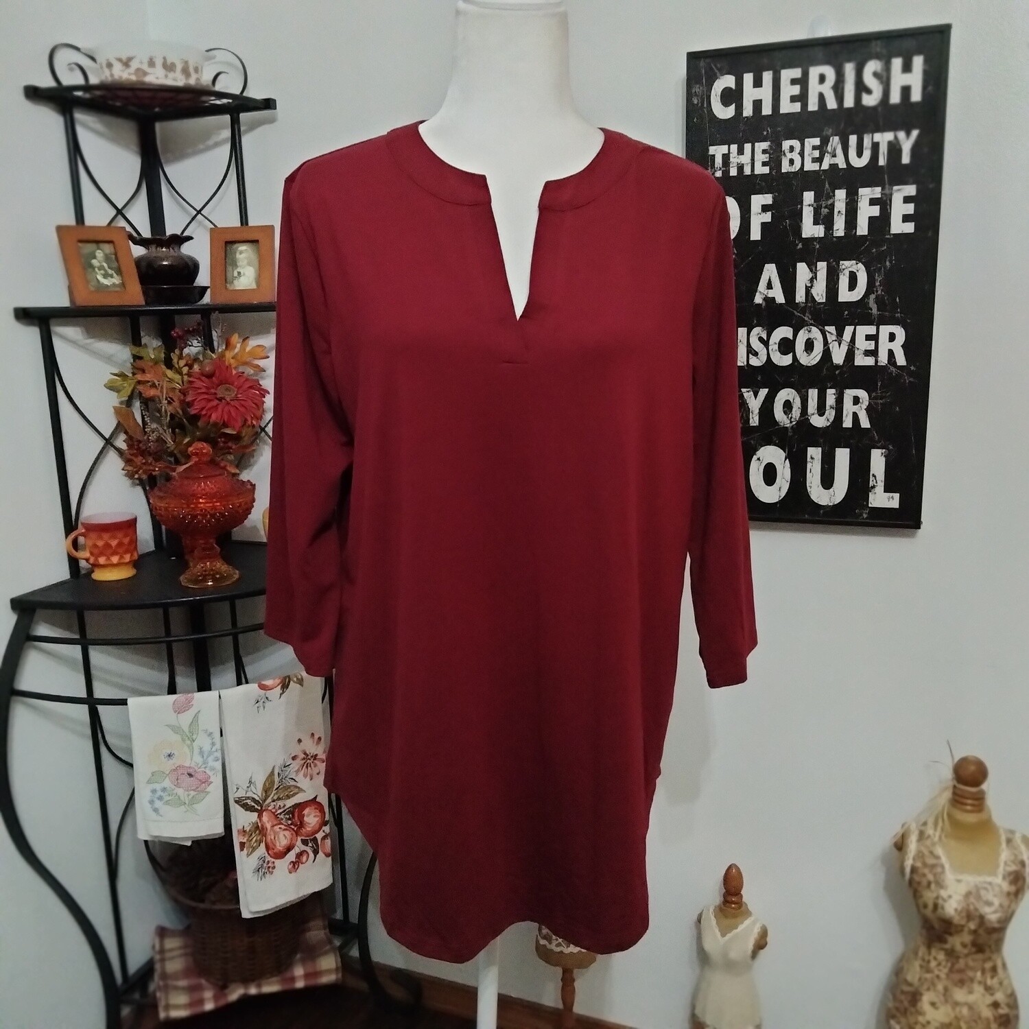 NEW! Sherosa XL Women&#39;s Burgundy 3/4 Sleeve Stretchy Knit Blouse