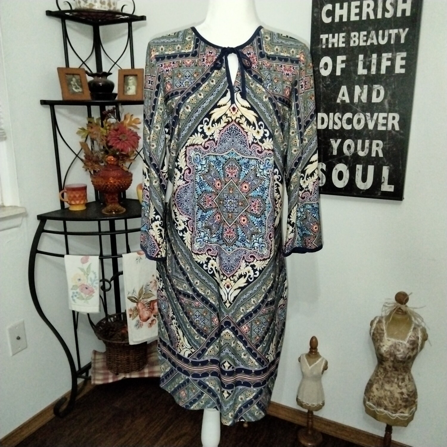 Westport Sz 12 Large Women&#39;s Boho Floral Stretchy 3/4 Sleeve Tunic Dress