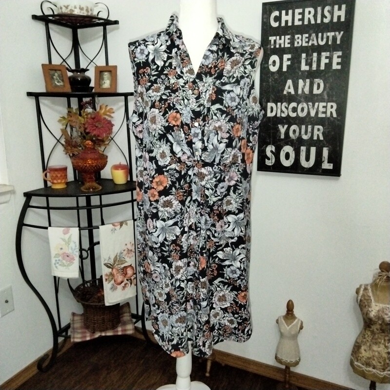 Jones New York 14 Large Women&#39;s Black Floral Sleeveless Button-Up Dress
