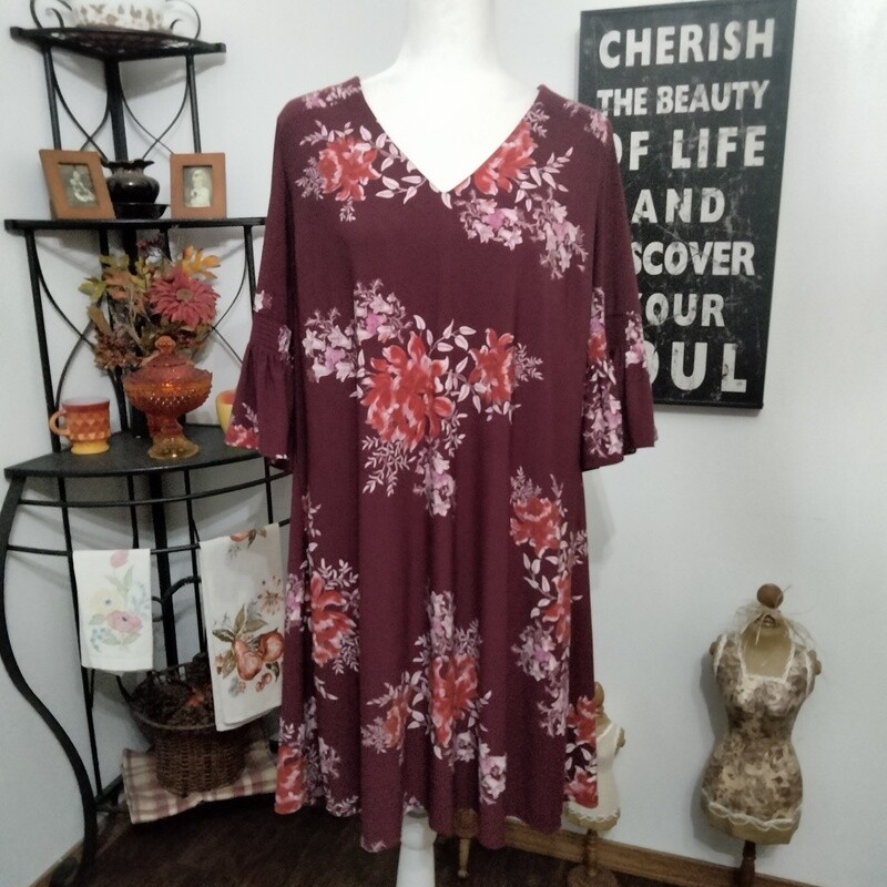 Roz &amp; Ali 1X Women&#39;s Burgundy Floral Ruffle Half Sleeve Stretchy Plus Size Dress