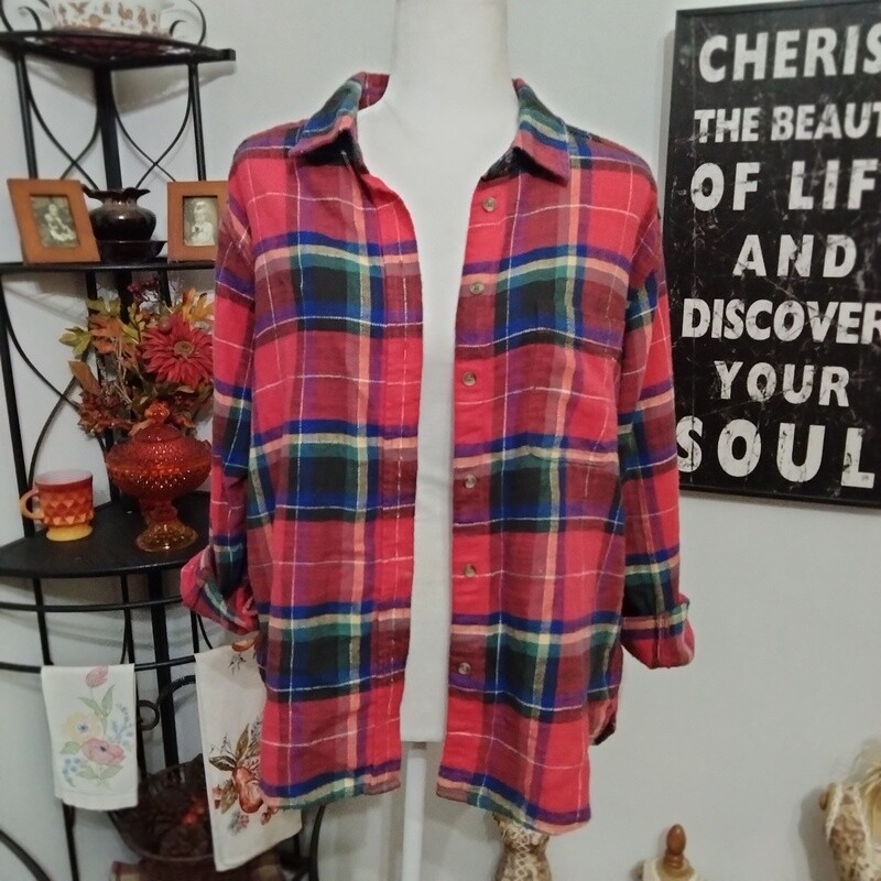 American Eagle Small Women&#39;s Cotton Red Plaid Boyfriend Fit Flannel Shirt