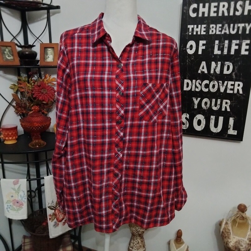 Sonoma XXL Women&#39;s Red Cotton Plaid Button-Up Long Sleeve Plus Size Blouse