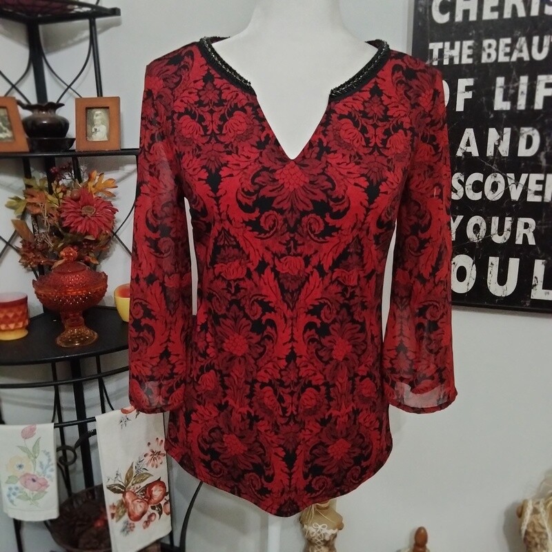 Roz &amp; Ali XS Women&#39;s Red &amp; Black Boho Beaded V-Neck Blouse