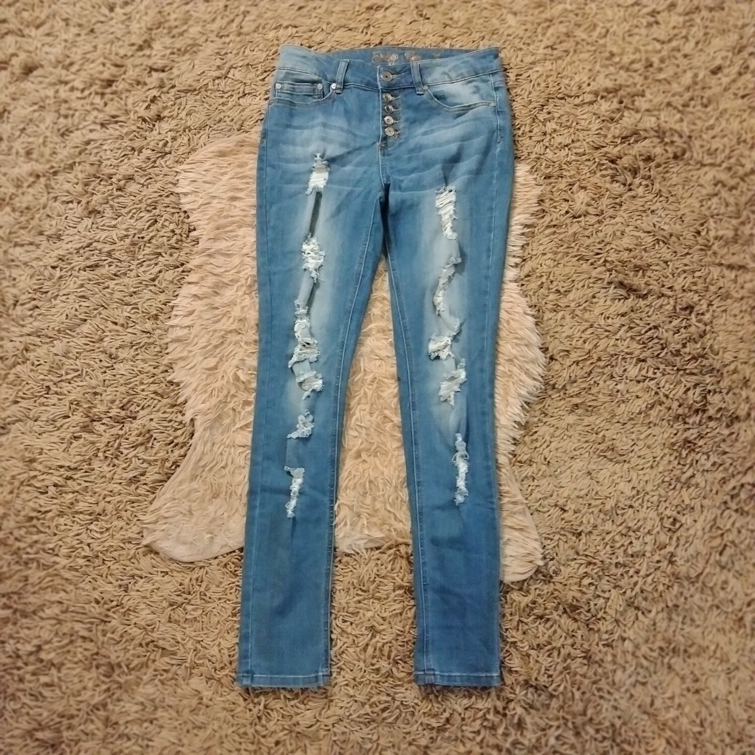Indigo Rein Sz 7 Women&#39;s Jrs Distressed Button-Fly Skinny Stretch Mid Rise Jegging Jeans