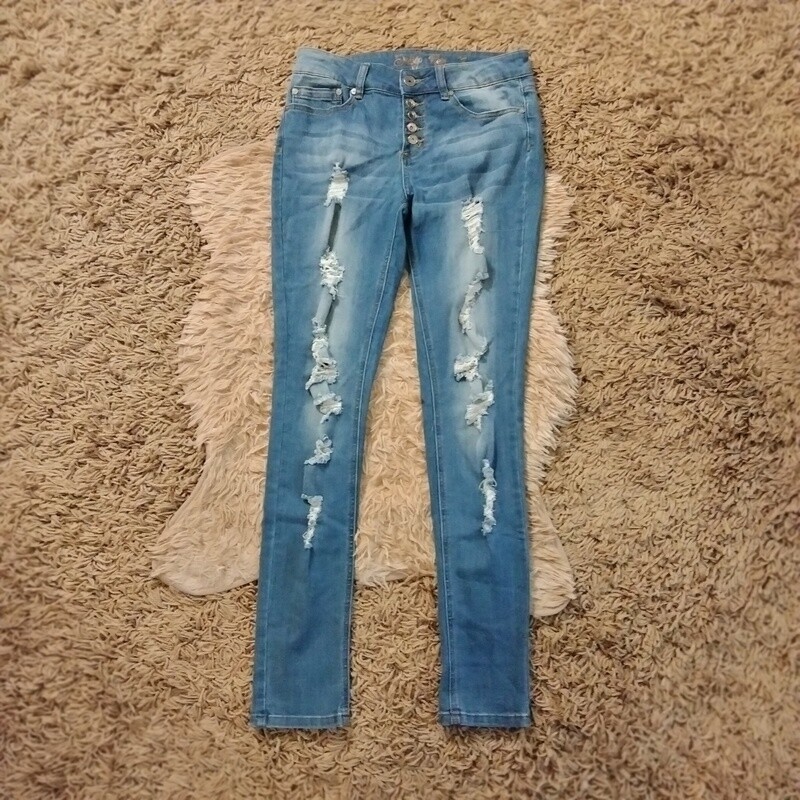 Indigo Rein Sz 7 Women&#39;s Jrs Distressed Button-Fly Skinny Stretch Mid Rise Jegging Jeans