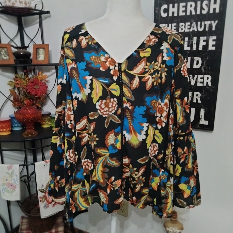 INC XL Petite Women&#39;s Boho Black Floral V-Neck Bell 3/4 Sleeve Blouse