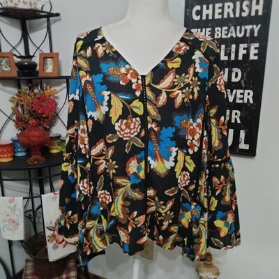 INC XL Petite Women&#39;s Boho Black Floral V-Neck Bell 3/4 Sleeve Blouse