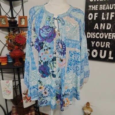 NEW! One World 2X Women's Blue Floral Boho Stretchy Plus Size Blouse