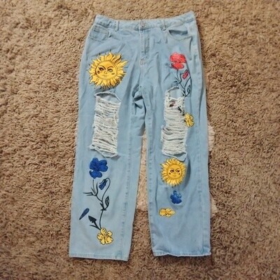 Shein 2XL Women's High Waist Sun & Floral Distressed Plus Size Mom Jeans