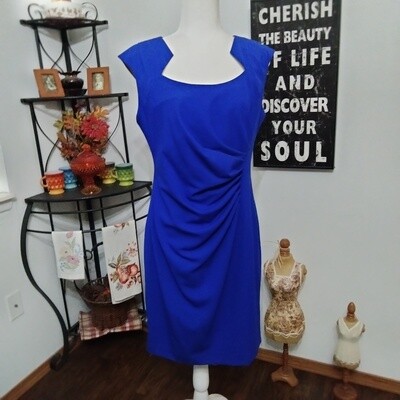 Dana Buchman Sz 12 Women's Blue Sleeveless Ruched Midi Sheath Dress