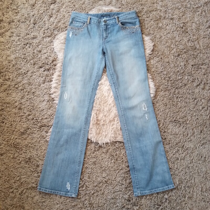 Elie Tahari Sz 6 Women&#39;s Beaded Distressed Bootcut Low Rise Stretch Jeans