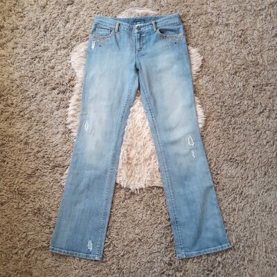 Elie Tahari Sz 6 Women&#39;s Beaded Distressed Bootcut Low Rise Stretch Jeans