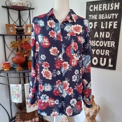 Banana Republic Medium Women&#39;s Blue Floral Semi-Sheer Button-Up Blouse
