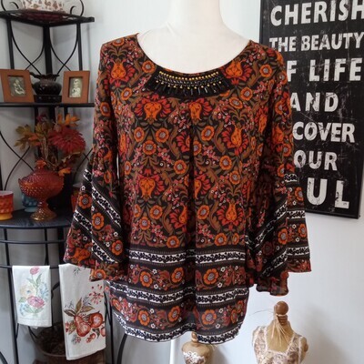 Relativity Small Women&#39;s Black Boho Beaded Neckline 3/4 Sleeve Blouse
