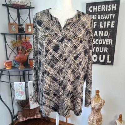Susan Graver XL Women&#39;s Black &amp; Tan Liquid Knit Button Up Zipper Pocket Blouse