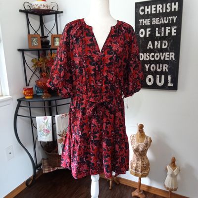 NEW! Ophelia Roe Large Women&#39;s Red &amp; Black Paisley Floral Short Sleeve Dress