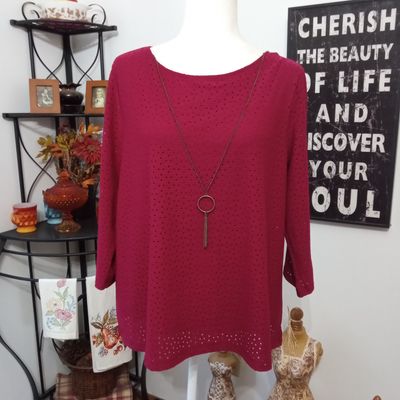 Kim Rogers Large Petite Women&#39;s Burgundy Red Lined 3/4 Sleeve Stretchy Blouse