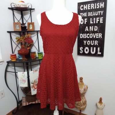 Lily Rose Medium Women&#39;s Jrs Dark Red Lace Sleeveless Lined Fit &amp; Flare Dress