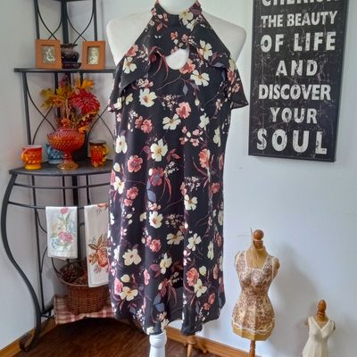 Maurices Medium Women&#39;s Black Floral Halter Sleeveless High Neck Dress