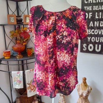 Worthington Medium Women&#39;s Black Print Short Cap Sleeve Lightweight Blouse