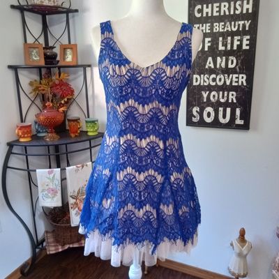 B. Darlin Sz 7 / 8 Women&#39;s Jrs Blue &amp; Tan Fit &amp; Flare Sleeveless Party Dance Dress