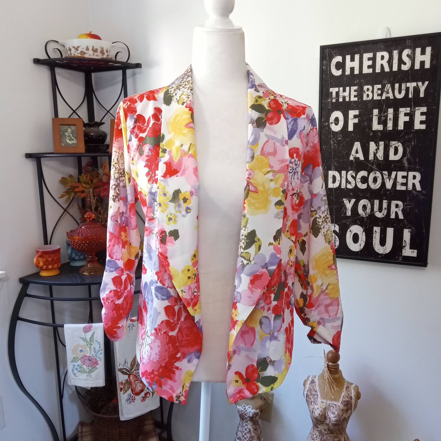 Auline Collection Large Women&#39;s White Floral Open Front Cardigan Blouse Blazer