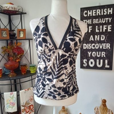 Eco Swim Sz 12 Large Women&#39;s Black Animal Print Halter Tankini Swimsuit Top