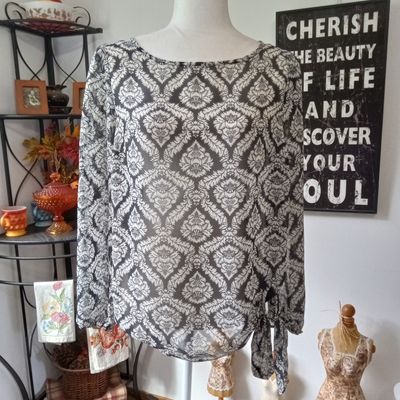 Next Sz 14 Large Women&#39;s Black &amp; White Floral Sheer Long Sleeve Lightweight Blouse