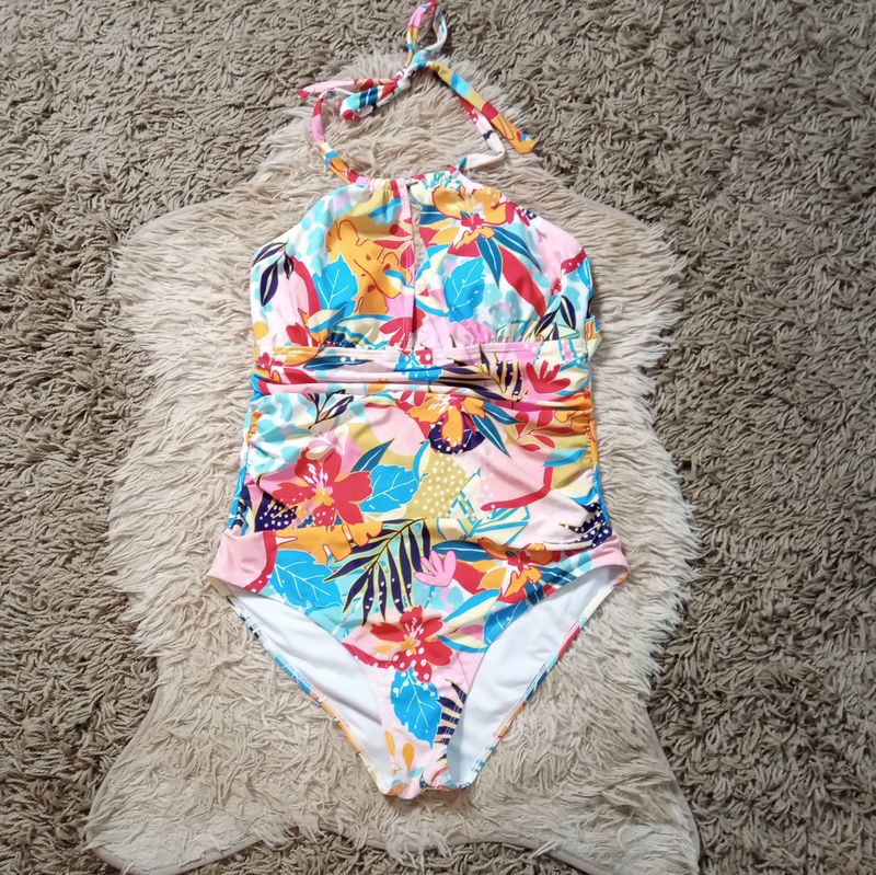 Tempt Me XL Women&#39;s High Neck Halter Tropical Floral One-Piece Swimsuit