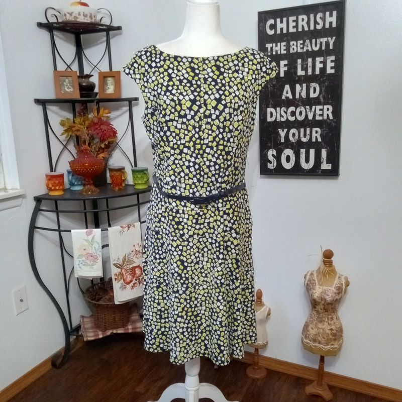 Chaps XL Women&#39;s Blue &amp; Yellow Cap Sleeve Midi Stretchy Dress
