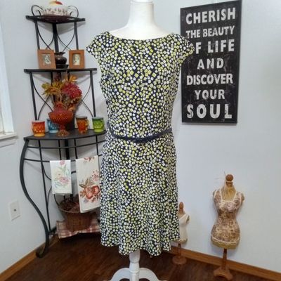 Chaps XL Women&#39;s Blue &amp; Yellow Cap Sleeve Midi Stretchy Dress