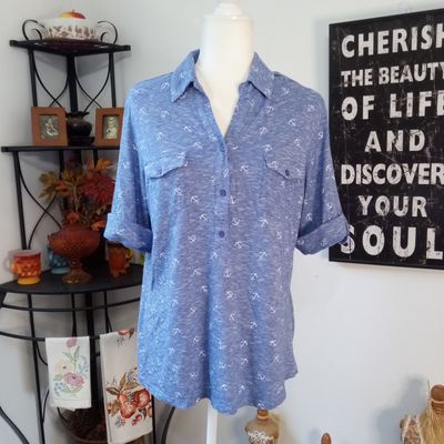 Cathy Daniels Large Women&#39;s Blue Anchor Print 1/2 Roll Sleeve Blouse